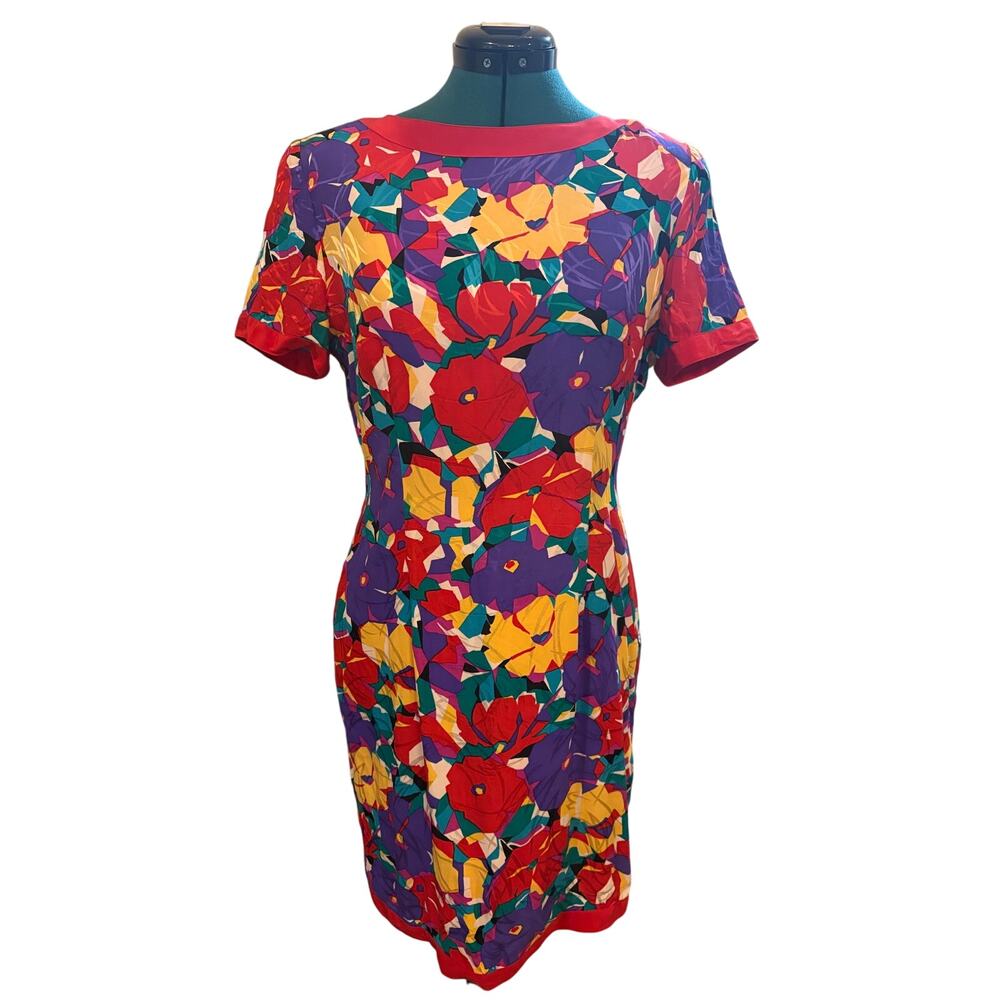 Papell Petites 100% Silk Dress Size 8 Bright Floral Print Short Sleeve Vintage